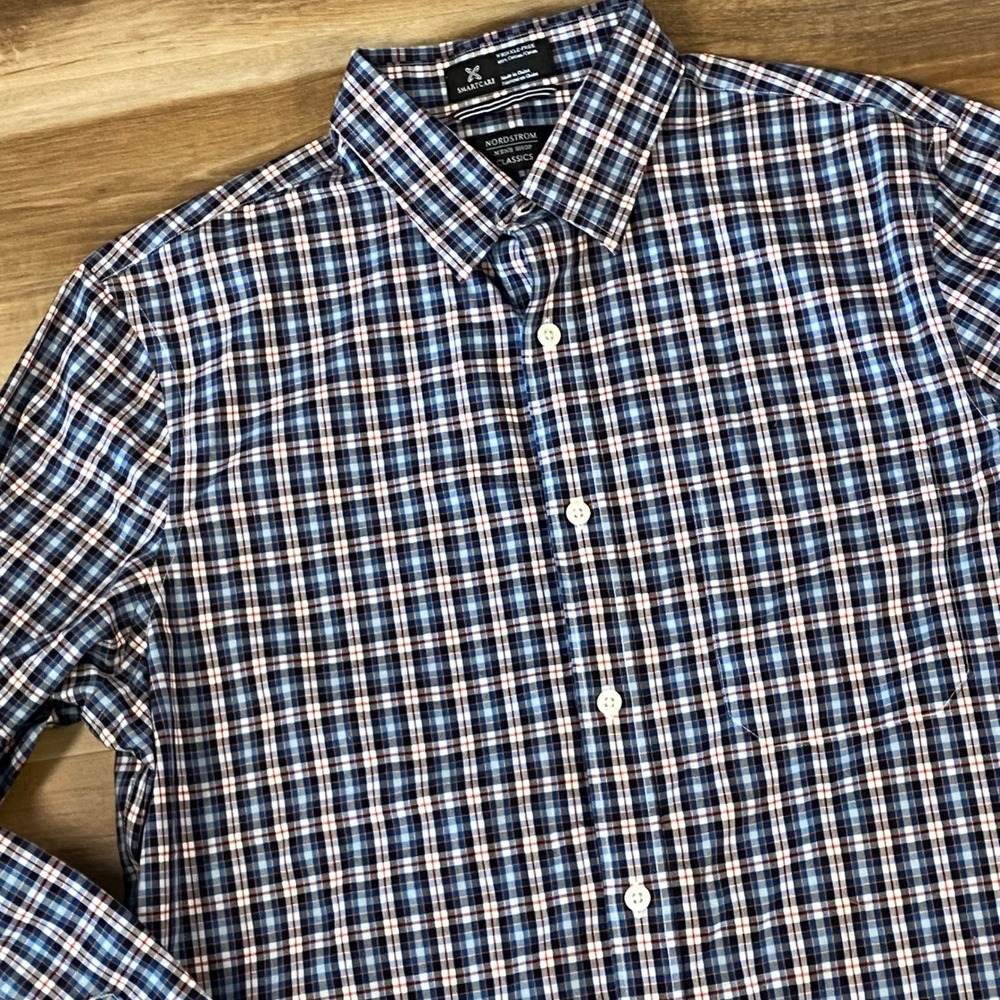 Nordstrom Button Down Shirt Mens Medium Regular Fit Smartcare Plaid Blue White